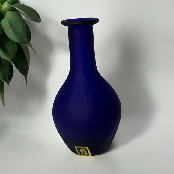 Vintage Luna Cobalt Blue Frosted Glass Vase – 9” - Picture 1 of 8
